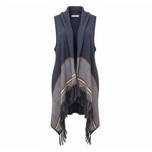 Y2K Boho Indie Fringe Open Front Vest Blue Gray Layering Indie Festival Small
